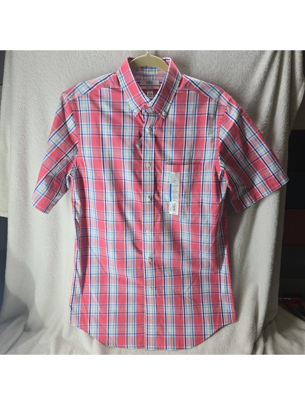 Croft & Barrow Button Down Shirt Pink Plaid Small Mens Short Sleeve New With Tag